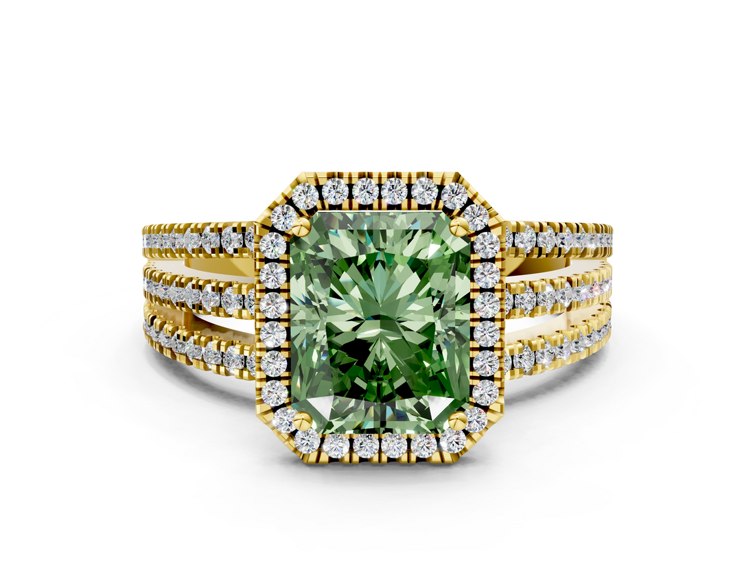Yellow gold Fancy Green Radiant  Cut Halo Diamond Engagement Ring with Split Shank and Four-Prong Setting_20