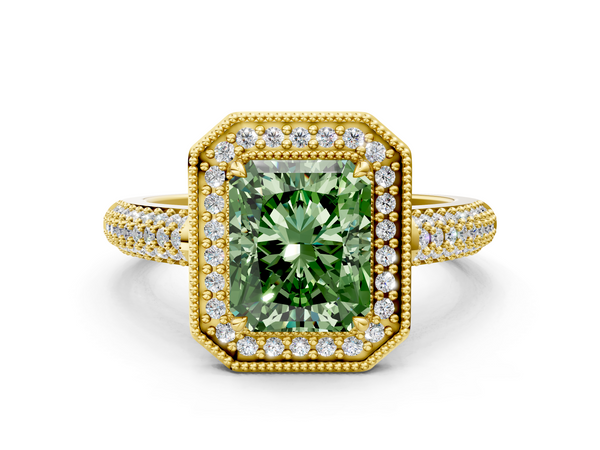 Yellow gold Fancy Green Radiant  Cut Halo Diamond Pave Band with Four-Prong Setting