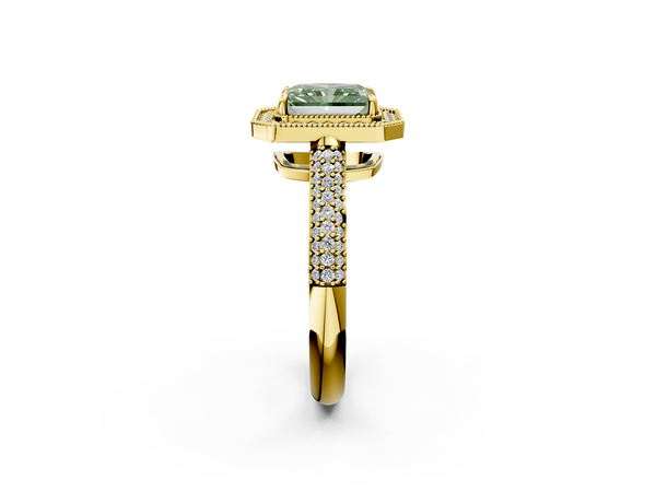 Yellow gold Fancy Green Radiant  Cut Halo Diamond Pave Band with Four-Prong Setting