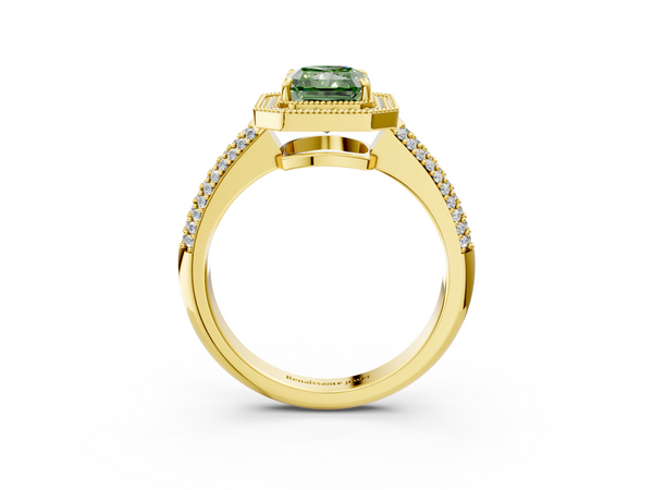 Yellow gold Fancy Green Radiant  Cut Halo Diamond Pave Band with Four-Prong Setting