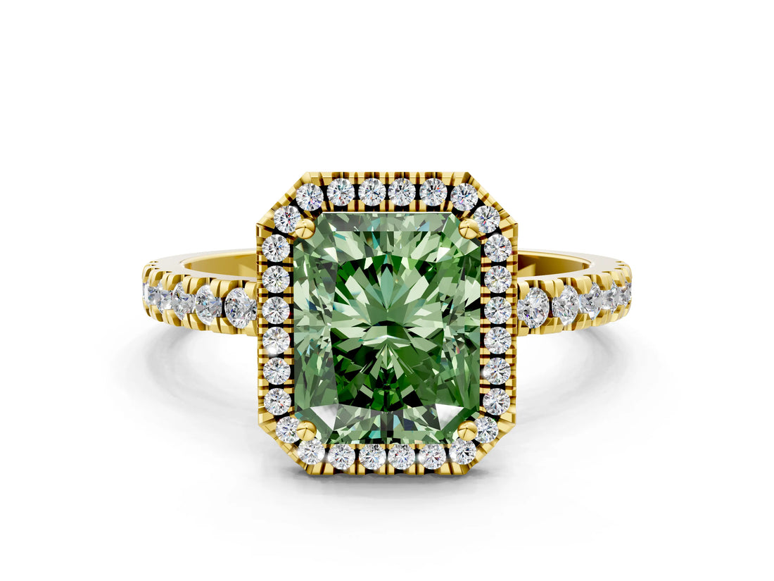 Yellow gold Fancy Green Radiant Cut Halo Diamond Pave Band with Prong Setting