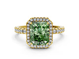 Yellow gold Fancy Green Radiant Cut Halo Diamond Pave Band with Prong Setting