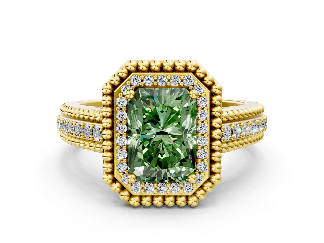 Yellow gold Fancy Green Radiant Cut Halo Diamond Ring with Beaded Split Shank and Four-Prong Setting