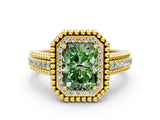 Yellow gold Fancy Green Radiant Cut Halo Diamond Ring with Beaded Split Shank and Four-Prong Setting