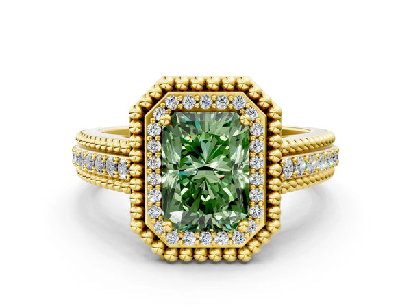 Yellow Gold Radiant Cut Beaded Halo Engagement Ring Setting for Fancy Green Center with Pave