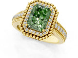 Yellow gold Fancy Green Radiant Cut Halo Diamond Ring with Beaded Split Shank and Four-Prong Setting_1