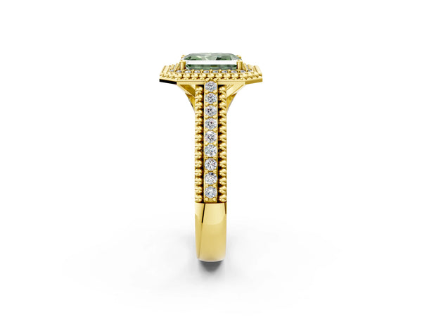 Yellow Gold Radiant Cut Beaded Halo Engagement Ring Setting for Fancy Green Center with Pave