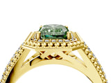 Yellow gold Fancy Green Radiant Cut Halo Diamond Ring with Beaded Split Shank and Four-Prong Setting_4