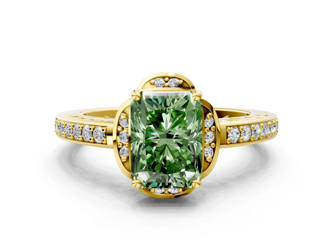 Yellow gold Fancy Green Radiant  Cut Halo Diamond Ring with Channel Set Band and Four-Prong Setting_49