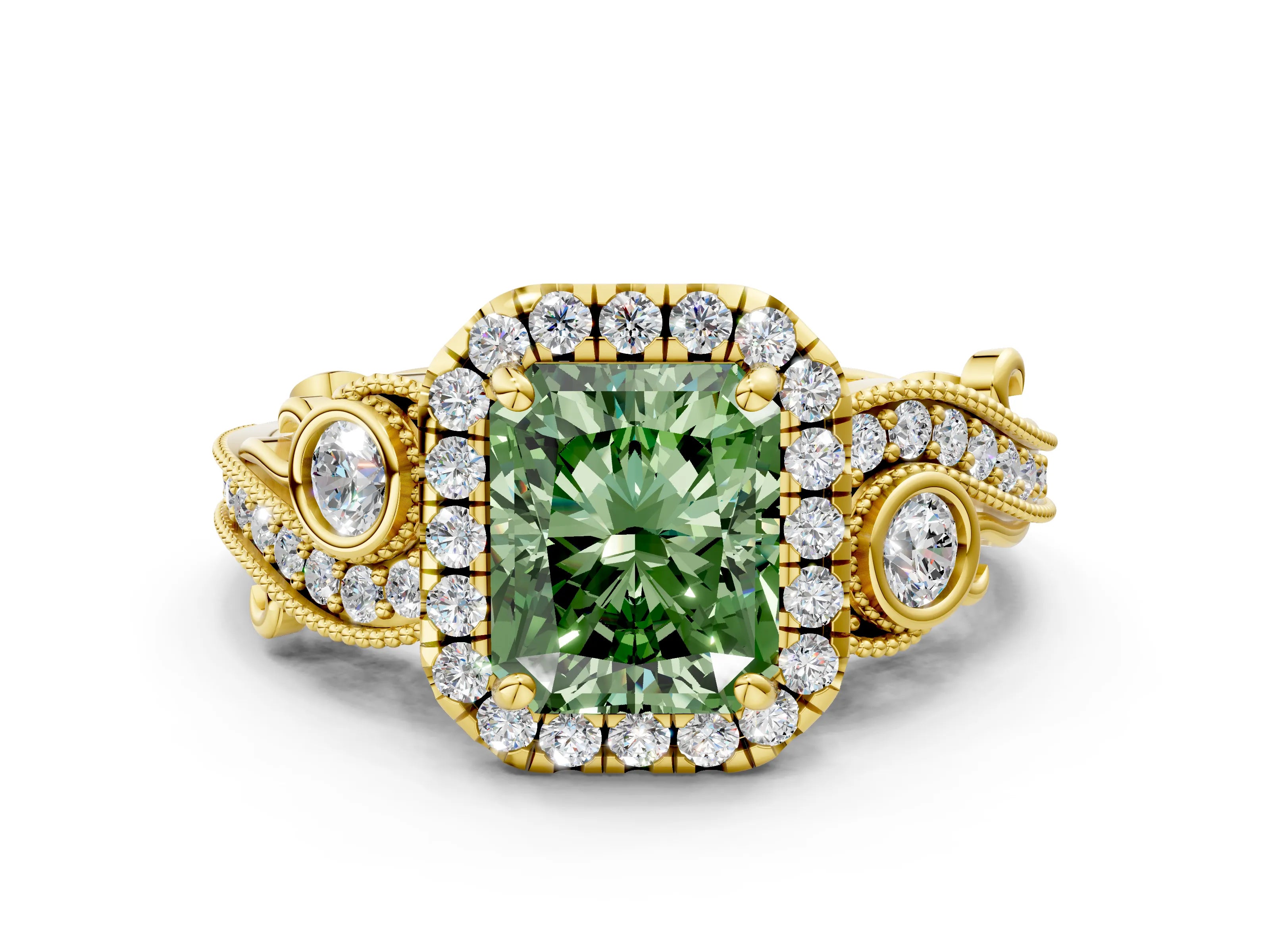 Yellow gold Fancy Green Radiant Cut Halo Diamond Ring with Milgrain and Bezel Accents on a Split Shank Band