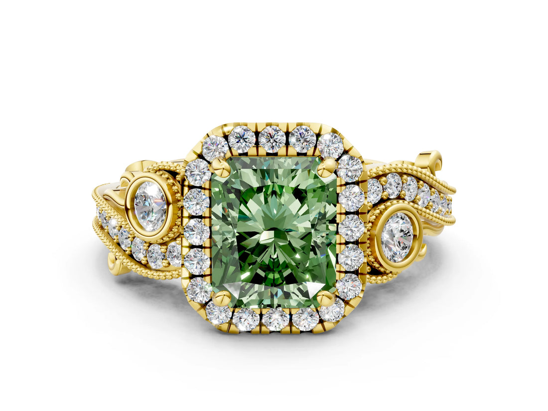 Yellow gold Fancy Green Radiant Cut Halo Diamond Ring with Milgrain and Bezel Accents on a Split Shank Band_12
