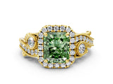 Yellow gold Fancy Green Radiant Cut Halo Diamond Ring with Milgrain and Bezel Accents on a Split Shank Band_12