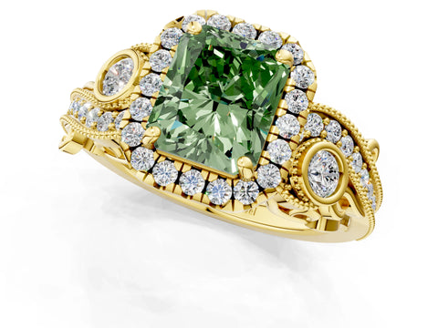 Yellow gold Fancy Green Radiant Cut Halo Diamond Ring with Milgrain and Bezel Accents on a Split Shank Band_1