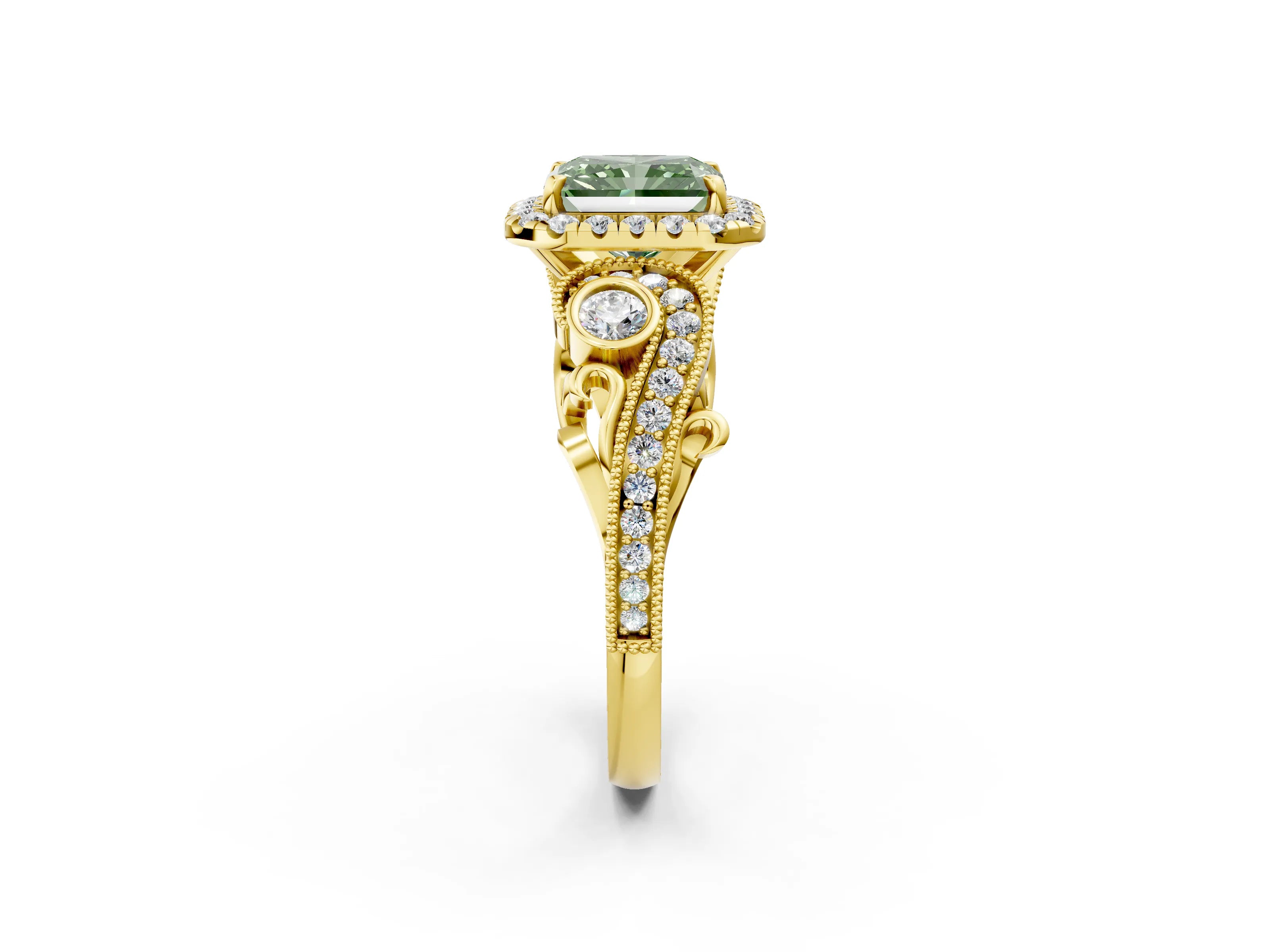 Yellow gold Fancy Green Radiant Cut Halo Diamond Ring with Milgrain and Bezel Accents on a Split Shank Band_2