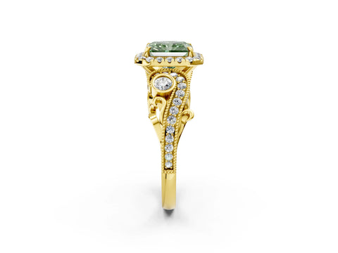 Yellow gold Fancy Green Radiant Cut Halo Diamond Ring with Milgrain and Bezel Accents on a Split Shank Band_2