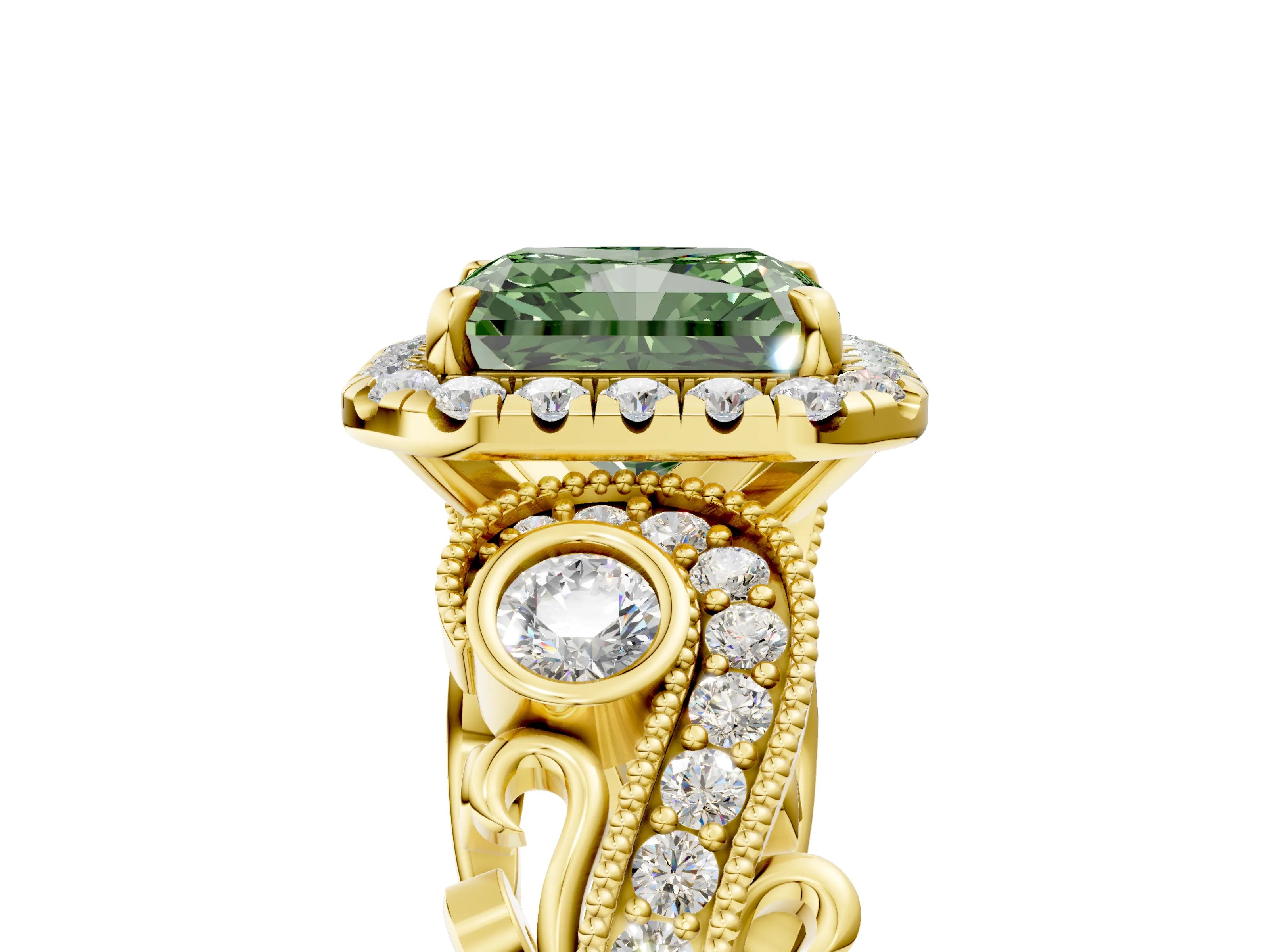 Yellow gold Fancy Green Radiant Cut Halo Diamond Ring with Milgrain and Bezel Accents on a Split Shank Band_5