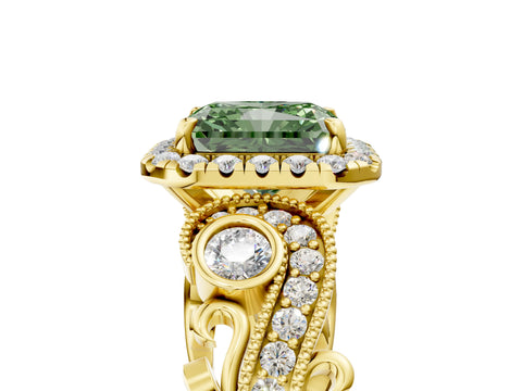 Yellow gold Fancy Green Radiant Cut Halo Diamond Ring with Milgrain and Bezel Accents on a Split Shank Band_5