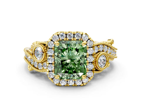 Yellow gold Fancy Green Radiant Cut Halo Diamond Ring with Milgrain and Bezel Accents on a Split Shank Band
