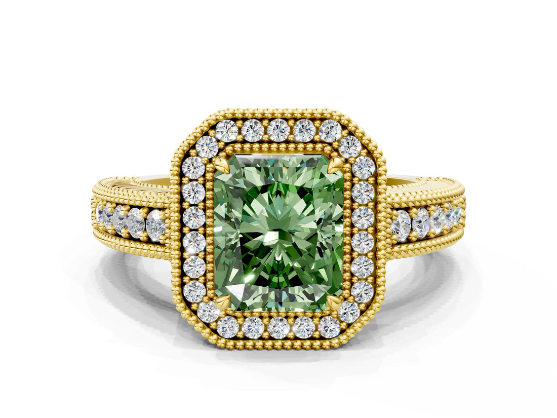 Yellow gold Fancy Green Radiant  Cut Halo Diamond Ring with Pavé Band and Four-Prong Setting_52