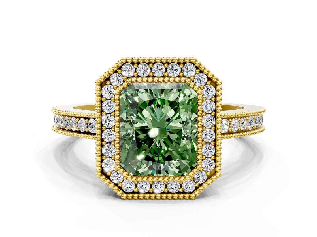 Yellow gold Fancy Green Radiant  Cut Halo Diamond Ring with Pavé Band and Milgrain Prong Setting_32