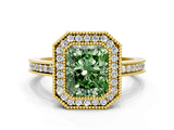 Yellow gold Fancy Green Radiant  Cut Halo Diamond Ring with Pavé Band and Milgrain Prong Setting_32