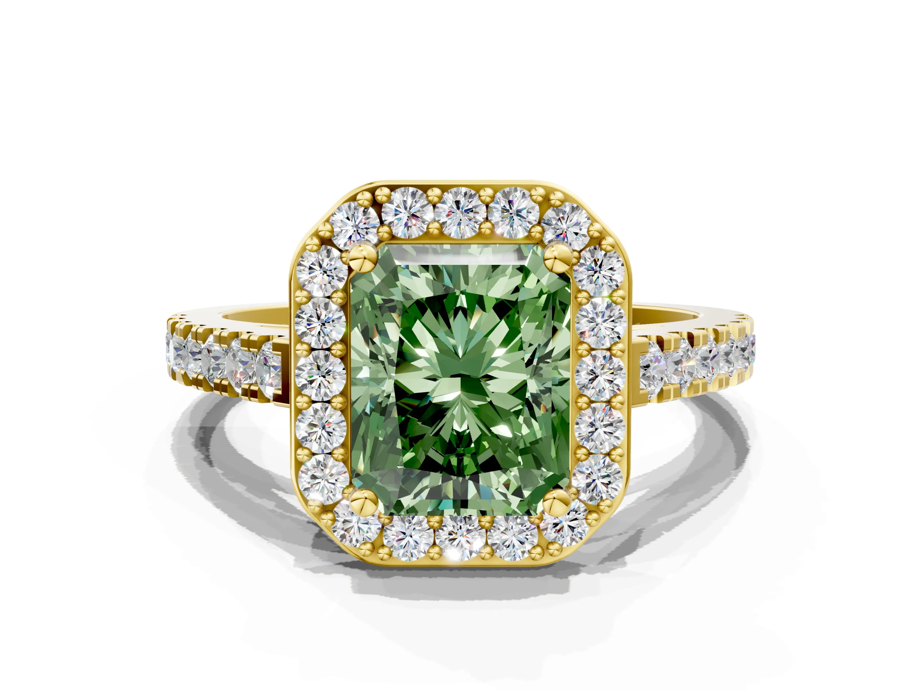 Yellow gold Fancy Green Radiant Cut Halo Diamond Ring with Pavé Band and Three-Prong Setting