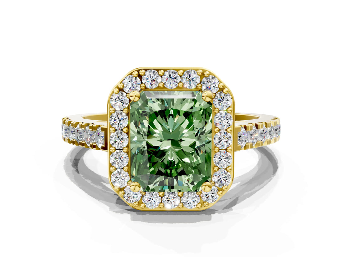 Yellow gold Fancy Green Radiant Cut Halo Diamond Ring with Pavé Band and Three-Prong Setting