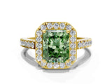 Yellow gold Fancy Green Radiant Cut Halo Diamond Ring with Pavé Band and Three-Prong Setting