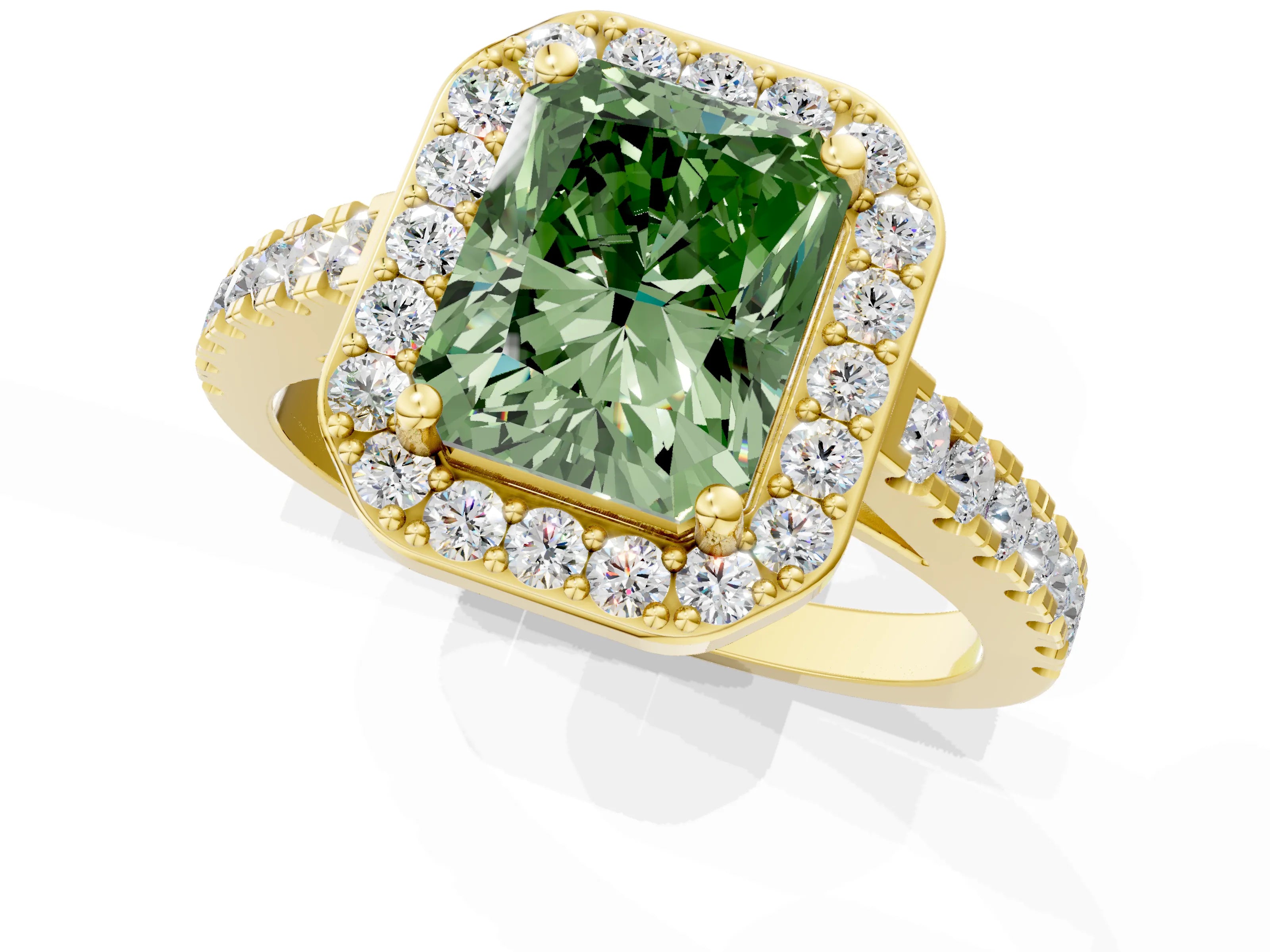 Yellow gold Fancy Green Radiant Cut Halo Diamond Ring with Pavé Band and Three-Prong Setting_1
