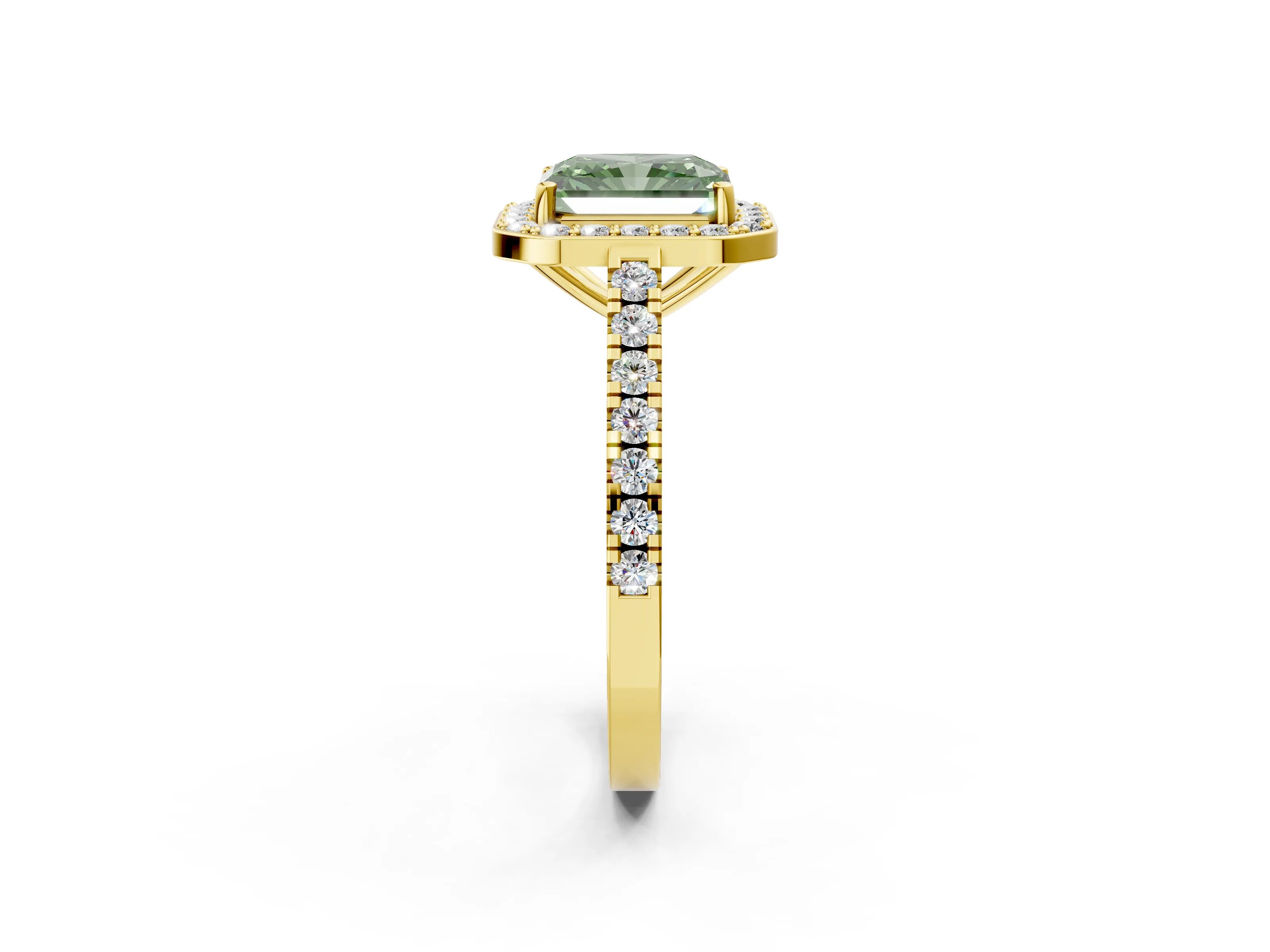 Yellow gold Fancy Green Radiant Cut Halo Diamond Ring with Pavé Band and Three-Prong Setting_2
