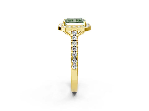 Yellow gold Fancy Green Radiant Cut Halo Diamond Ring with Pavé Band and Three-Prong Setting_2