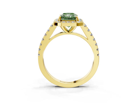 Yellow gold Fancy Green Radiant Cut Halo Diamond Ring with Pavé Band and Three-Prong Setting_3