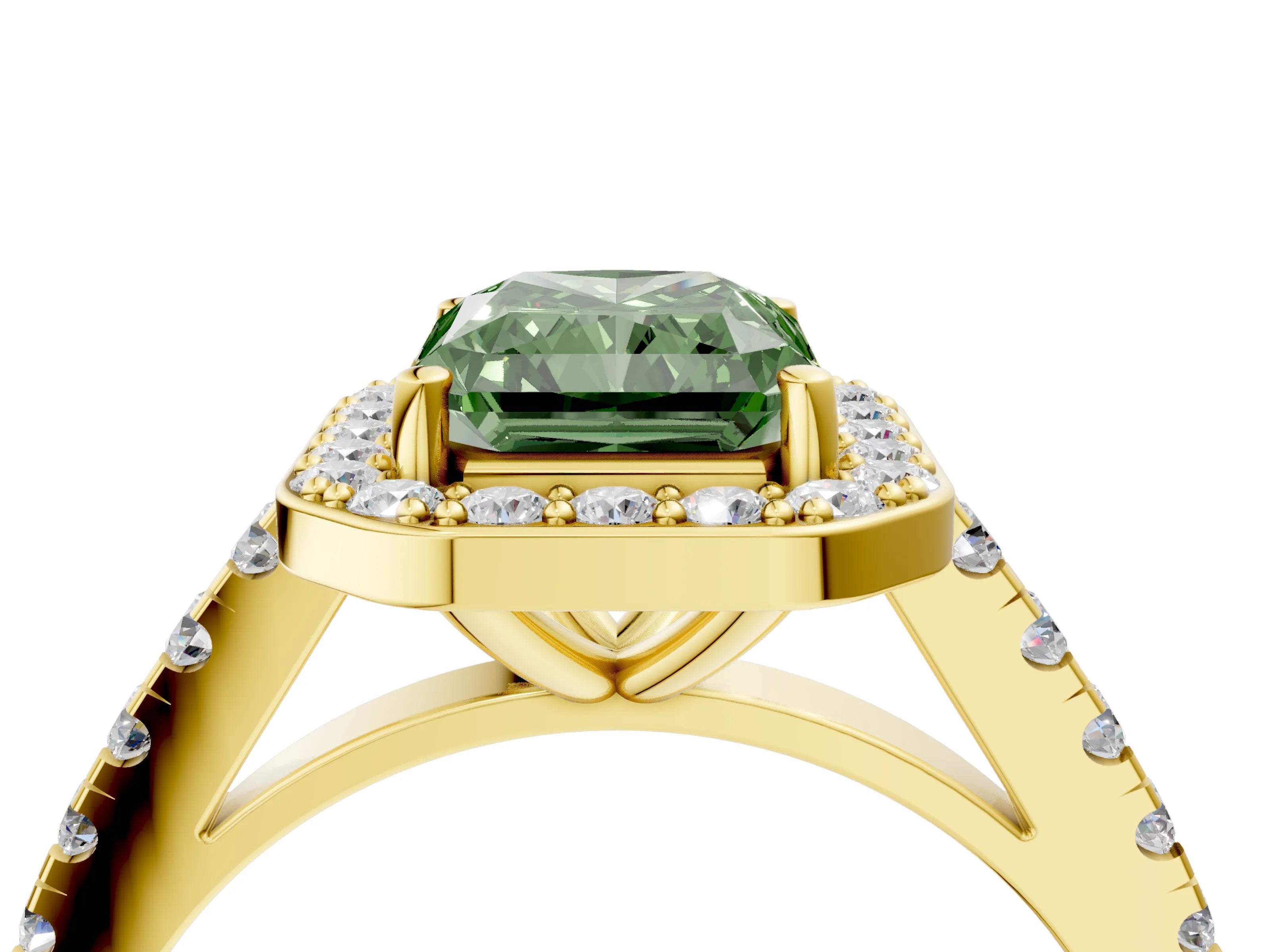 Yellow gold Fancy Green Radiant Cut Halo Diamond Ring with Pavé Band and Three-Prong Setting_4