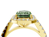 Yellow gold Fancy Green Radiant Cut Halo Diamond Ring with Pavé Band and Three-Prong Setting_4