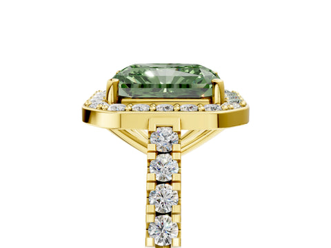 Yellow gold Fancy Green Radiant Cut Halo Diamond Ring with Pavé Band and Three-Prong Setting_5