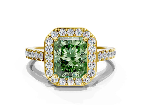 Yellow gold Fancy Green Radiant Cut Halo Diamond Ring with Pavé Band and Three-Prong Setting