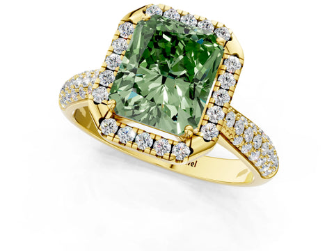 Yellow gold Fancy Green Radiant Cut Halo Diamond Ring with Pavé Band_1