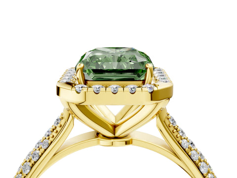 Yellow gold Fancy Green Radiant Cut Halo Diamond Ring with Pavé Band_4