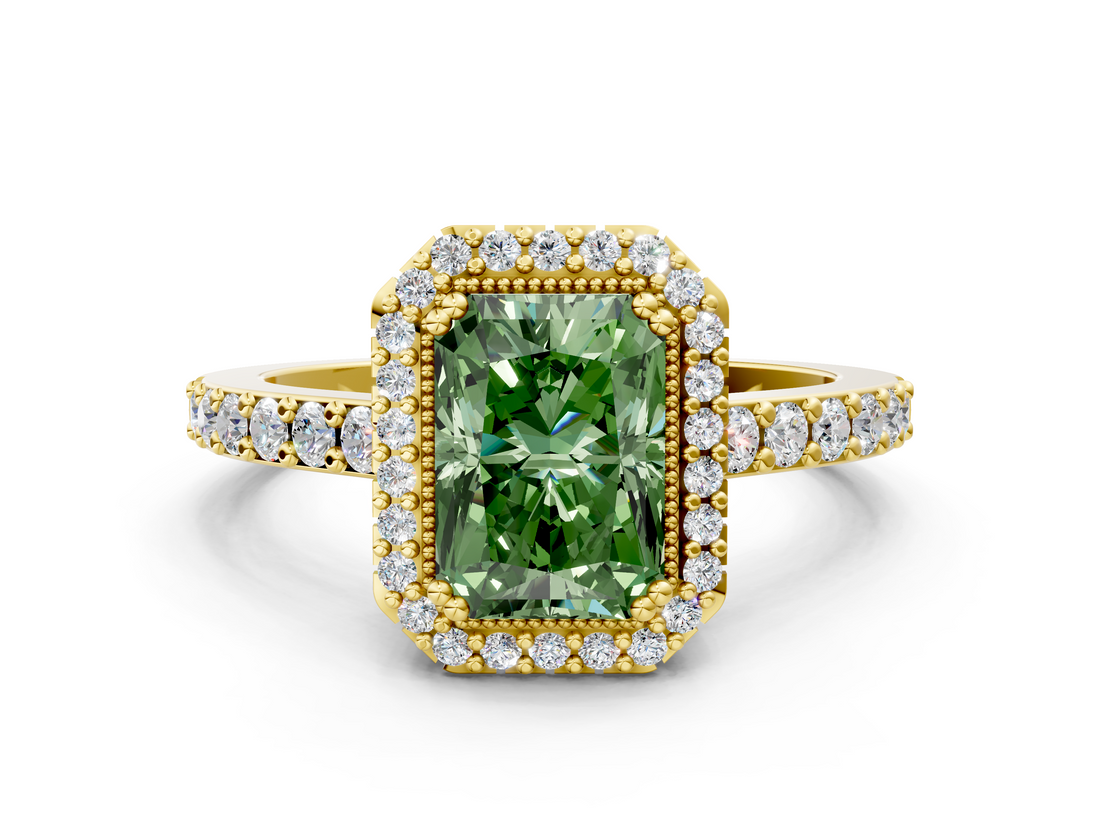 Yellow gold Fancy Green Radiant  Cut Halo Diamond Ring with Pave Band and Four-Prong Setting_24