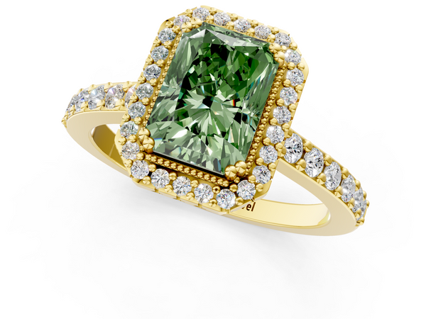 Yellow gold Fancy Green Radiant  Cut Diamond Halo Engagement Ring with Milgrain Detail and Pavé Band