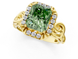 Yellow gold Fancy Green Radiant  Cut Halo Diamond Ring with Scrollwork Band and Four-Prong Setting_57
