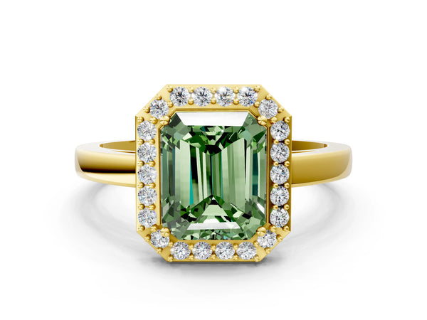 Yellow gold Fancy Green Radiant Cut Halo Diamond Ring with Solitaire Band and Prong Setting