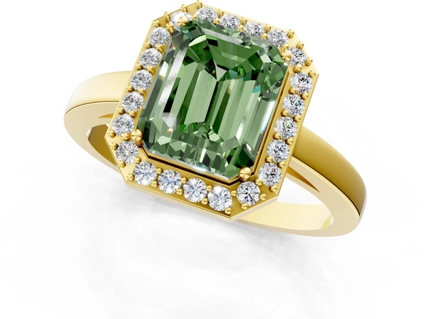 Yellow gold Fancy Green Radiant Cut Halo Diamond Ring with Solitaire Band and Prong Setting