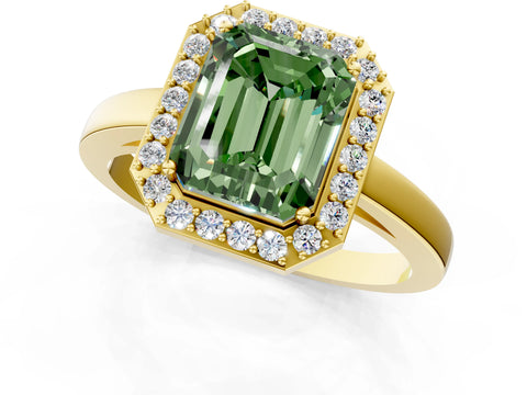 Yellow gold Fancy Green Radiant Cut Halo Diamond Ring with Solitaire Band and Prong Setting_1