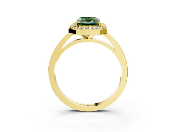 Yellow gold Fancy Green Radiant Cut Halo Diamond Ring with Solitaire Band and Prong Setting