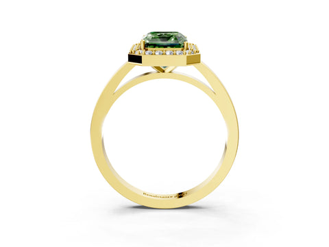 Yellow gold Fancy Green Radiant Cut Halo Diamond Ring with Solitaire Band and Prong Setting_3