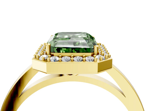 Yellow gold Fancy Green Radiant Cut Halo Diamond Ring with Solitaire Band and Prong Setting_4