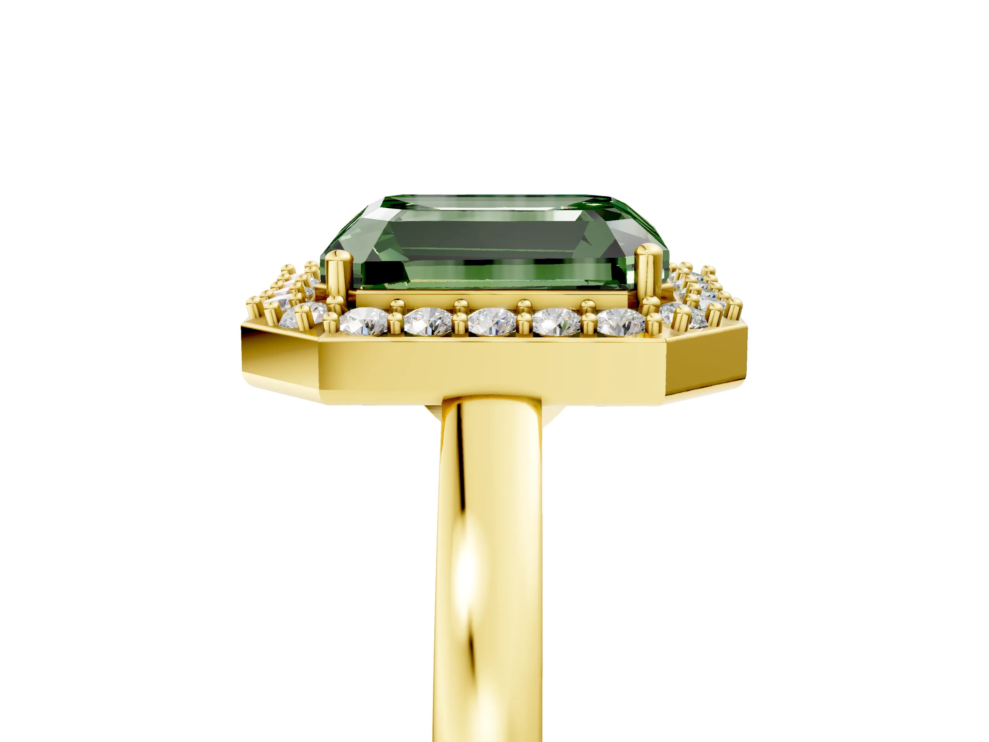 Yellow gold Fancy Green Radiant Cut Halo Diamond Ring with Solitaire Band and Prong Setting_5