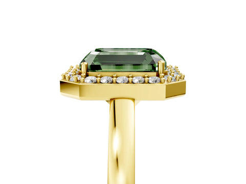 Yellow gold Fancy Green Radiant Cut Halo Diamond Ring with Solitaire Band and Prong Setting_5