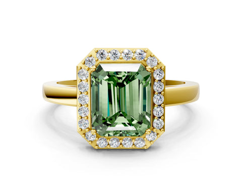 Yellow gold Fancy Green Radiant Cut Halo Diamond Ring with Solitaire Band and Prong Setting